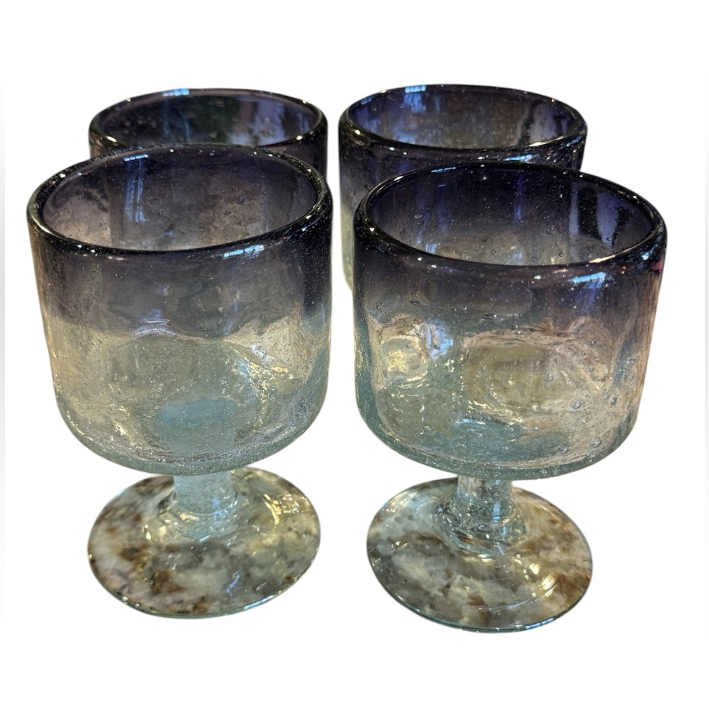 Anthropologie Two-Tone Blue to Clear Textured Goblet Glasses - Set of 4